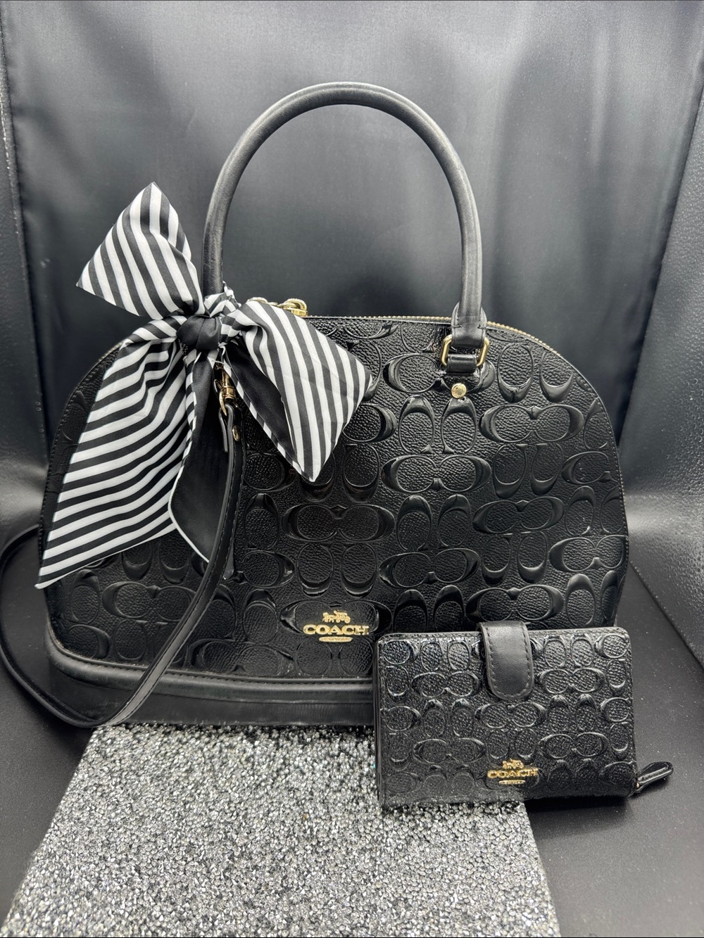 Coach Black Embossed Signature Leather Satchel with Matching Wallet